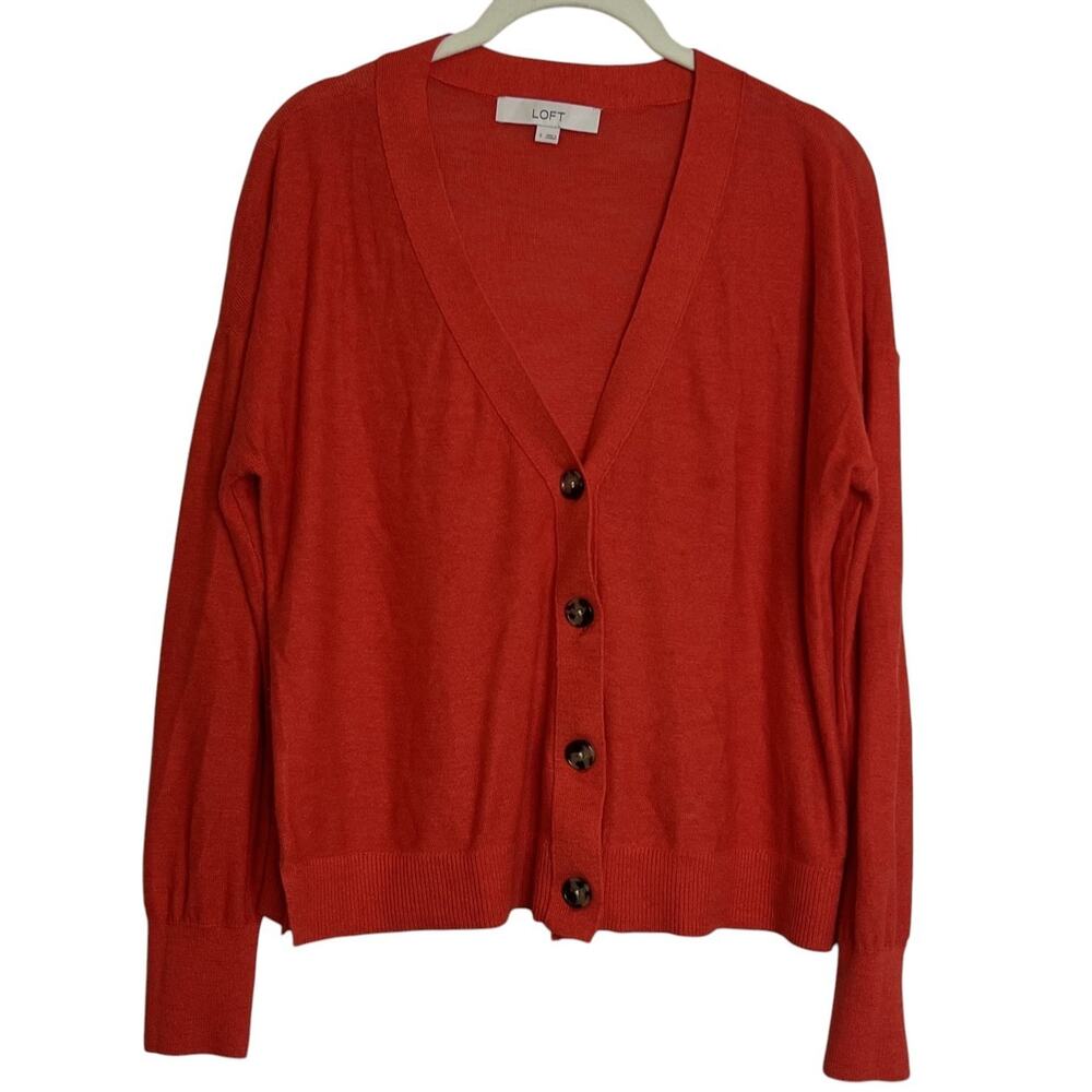 LOFT Womens Cardigan Sweater Small Orange V-Neck Button Front Ramie